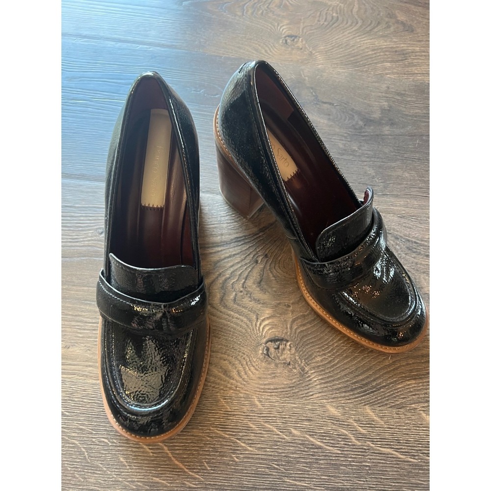 Franco Sarto Black Patent Leather‎ Heeled Loafers Block Heel Size 9M